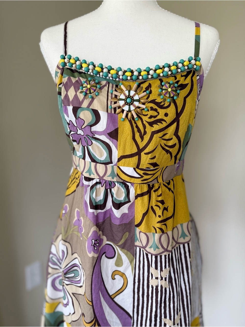 Vintage CAbi Multicolor Patchwork Sundress with Mustard Purple Teal Beading